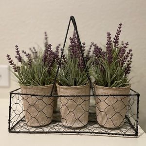 Pots of faux lavender in wire carrier/display tray
